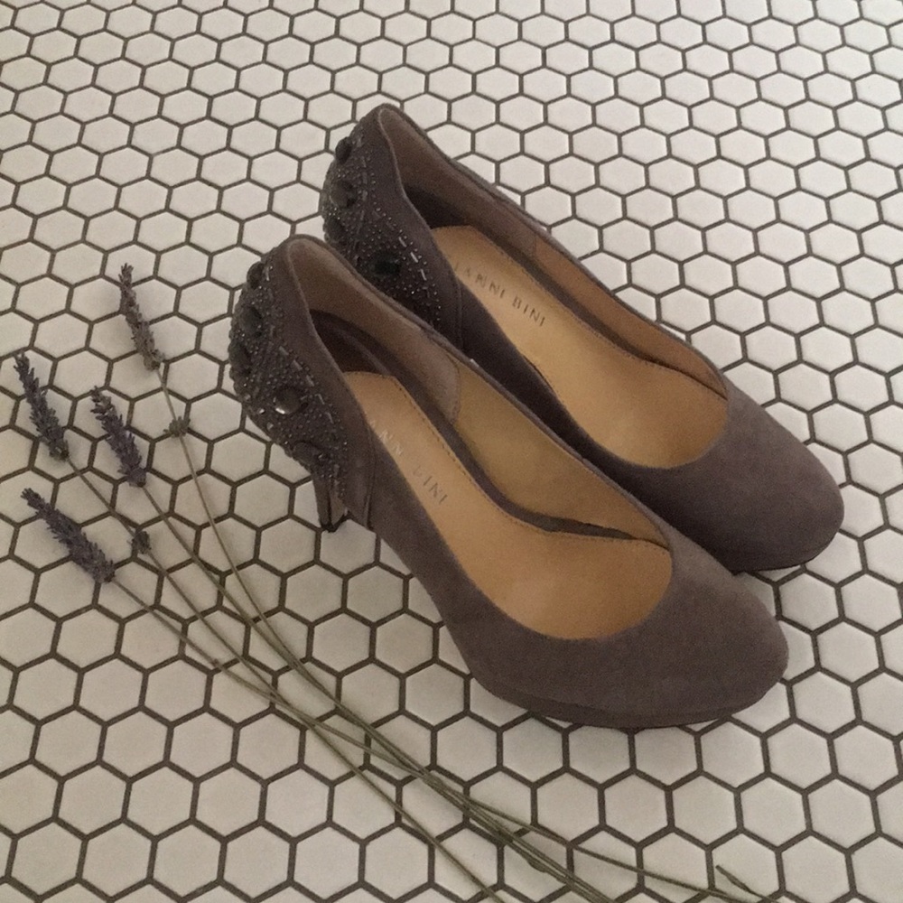 Grey Embellished Platform Pumps, 7